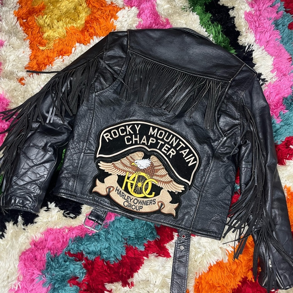 Retro fringed leather moto jacket. Size 36.